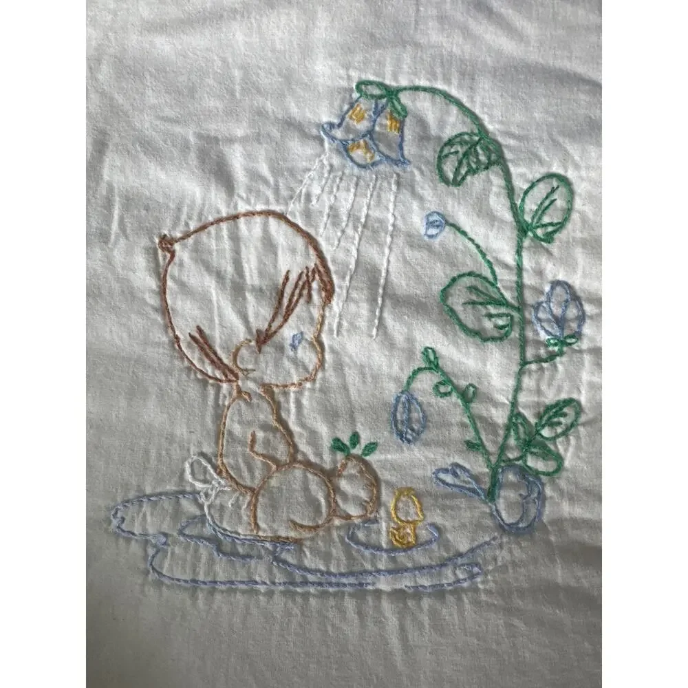 Vintage Hand Embroidered Child’s Quilt – Blue & White Precious Moments Style